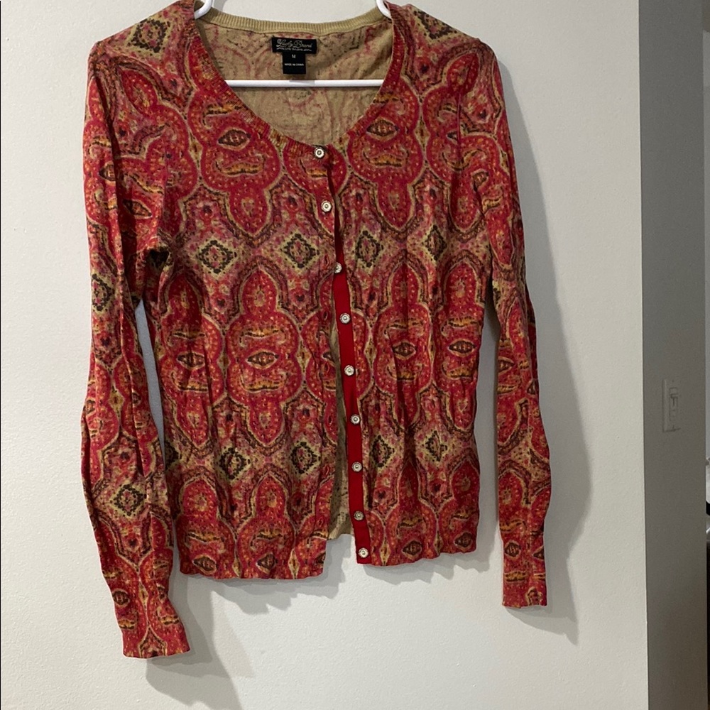 Lucky Brand Red Cardigan Sweater with Intricate Patterns